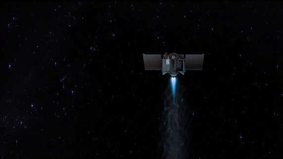 Honorable Mention, Data Art Category, OSIRIS-REx spacecraft with a blue main engine burn