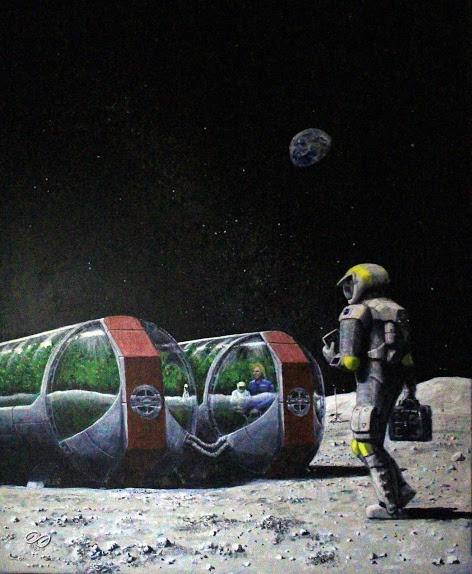 Honorable Mention, Kids Choice, Fine Art Category, astronaut on moon walking towards lunar greenhouses