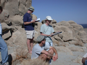 We stopped in the afternoon near the Salton Sea. Here Ingrid regaled us with tales of Travertine Rock, ancient Lake Chuilla, the Salton Trough, and palaeoshorelines.