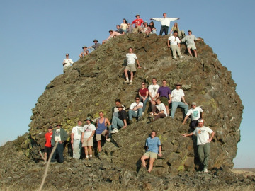 Our last stop of the day was at the Ephrata Gravel Fan. This is a good analogue for the Mars Pathfinder landing site and it hosted a fieldtrip for the Pathfinder Science Team in September 1995. Upon discovering this giant boulder, we clambered up it and posed for a group picture. Getting camera timers to work slowly enough and people to run quickly enough that everyone was facing the camera for the picture was quite a challenge... We stayed the night in Moses Lake again.