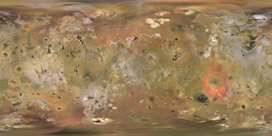 Figure 2: A mosaic of images of Io’s surface taken by the Galileo and Voyager missions. There are volcanoes on all parts of Io’s surface.