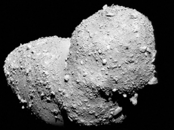 Asteroid Itokawa as seen by the Hayabusa spacecraft. The peanut-shaped S-type asteroid measures approximately 1,100 feet in diameter and completes one rotation every 12 hours.JAXA