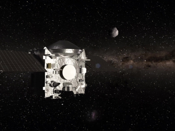 Illustration of OSIRIS-REx spacecraft with Bennu in background