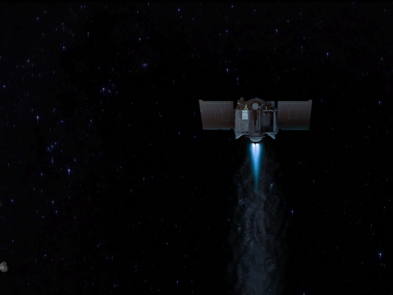 This artist’s concept shows the OSIRIS-REx spacecraft departing asteroid Bennu to begin its two-year journey back to Earth.