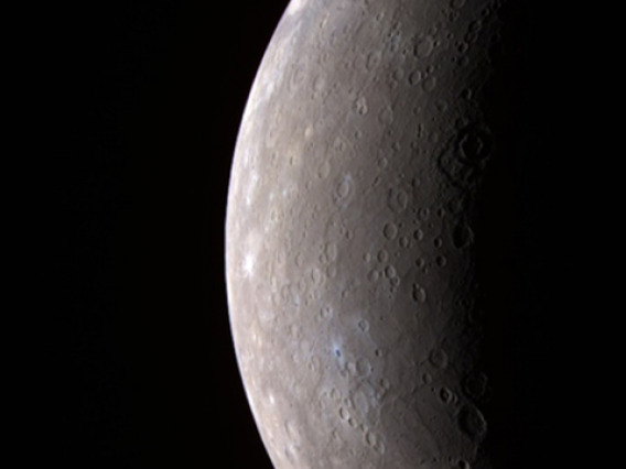This image of Mercury was created using infrared, red and violet filters that capture wavelengths both visible and invisible to the human eye; the colors shown here are only slightly different from what the human eye would see. (Image credit: NASA/Johns Hopkins University APL/Carnegie Institute of Washington)