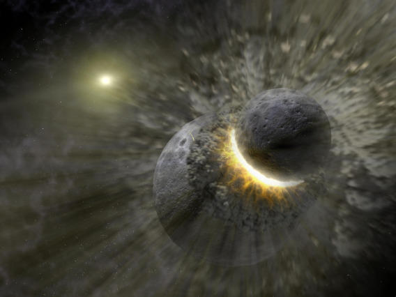 This artist concept illustrates two celestial bodies crashing into each other, creating a disc of mostly melted, partially vaporized rock that eventually became the moon. NASA/JPL-Caltech