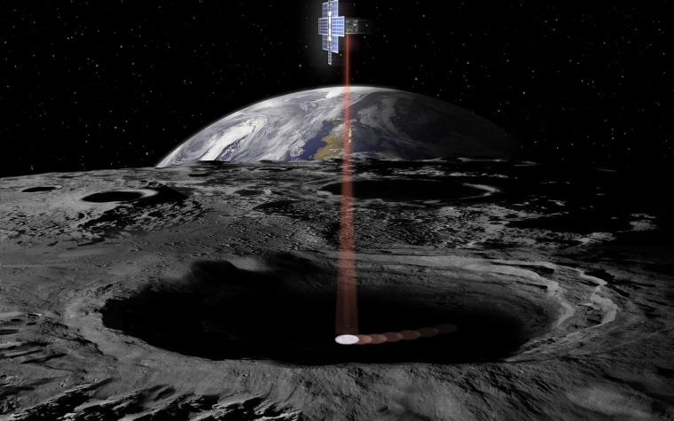 Artist’s illustration of the Lunar Flashlight spacecraft firing its lasers toward the moon’s surface.
