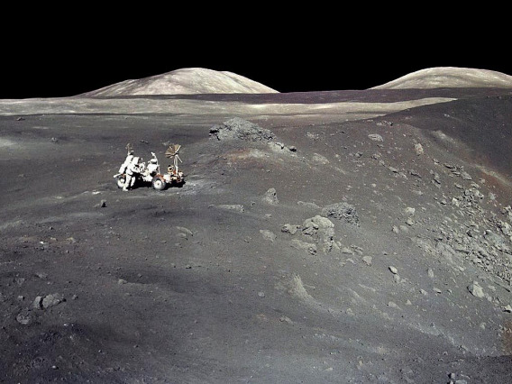 Apollo 17 astronaut Harrison “Jack” Schmitt stands next to a steep-walled crater named Shorty on Dec. 13, 1972. The UA's Jessica Barnes is among the scientists selected by NASA to be granted access to previously unopened samples, including some collected 