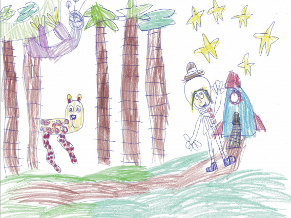 A female astronaut (wearing a hat) steps off a rocket into an alien rainforest, featuring a purple sloth and tentacled cheetah.	