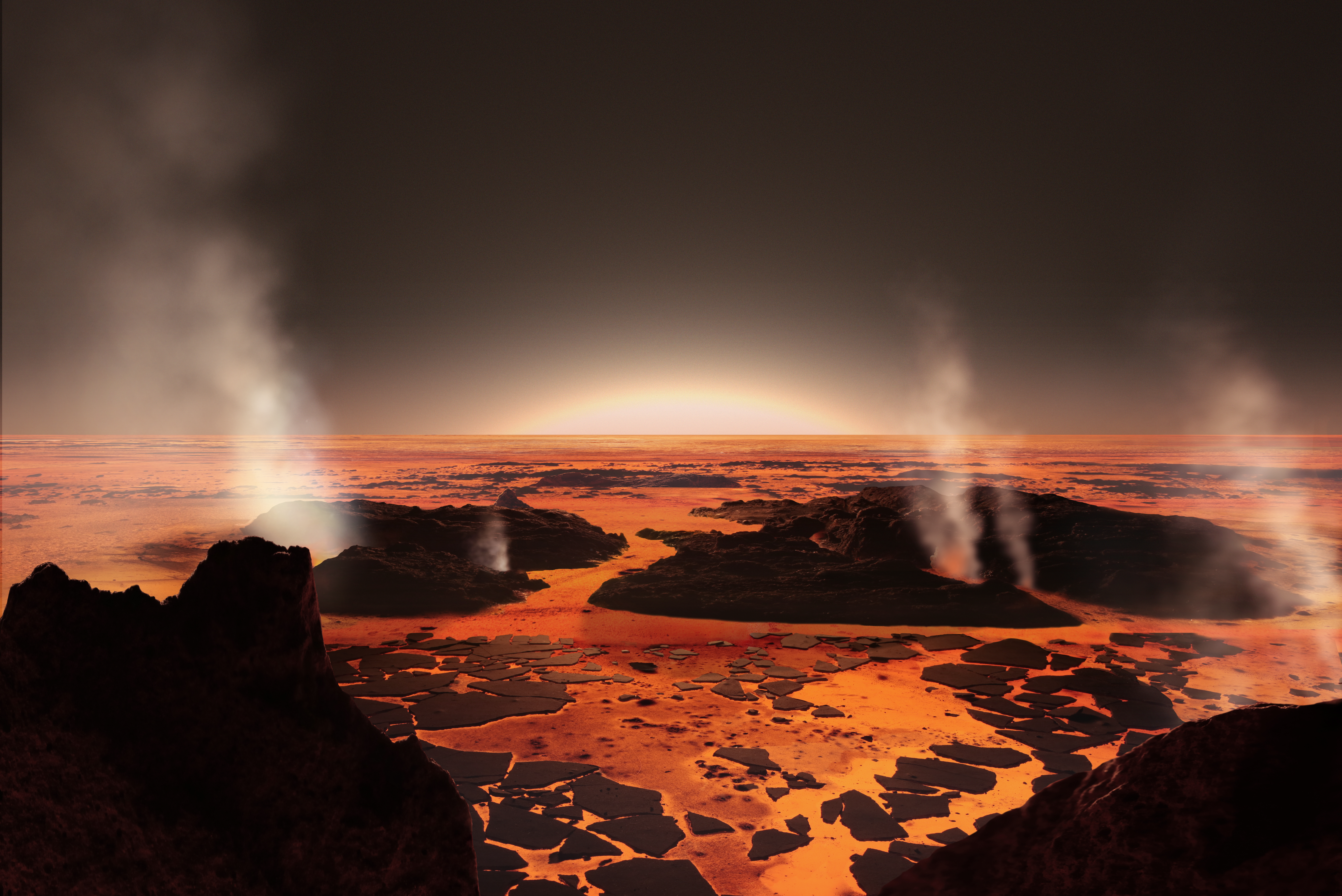Conceptual work based on data from Astronomer Carlos Alvarez/Keck Observatory. Here, we see a lava ocean planet with some solid pieces of land floating on the planet’s surface; a fiery 3,000 to 4,000 degrees Fahrenheit! The discovery was announced in 2017 using data from Kepler Space Telescope K2 mission. The Keck Observatory’s NIRC2 instrument was key to determining a singular star system.