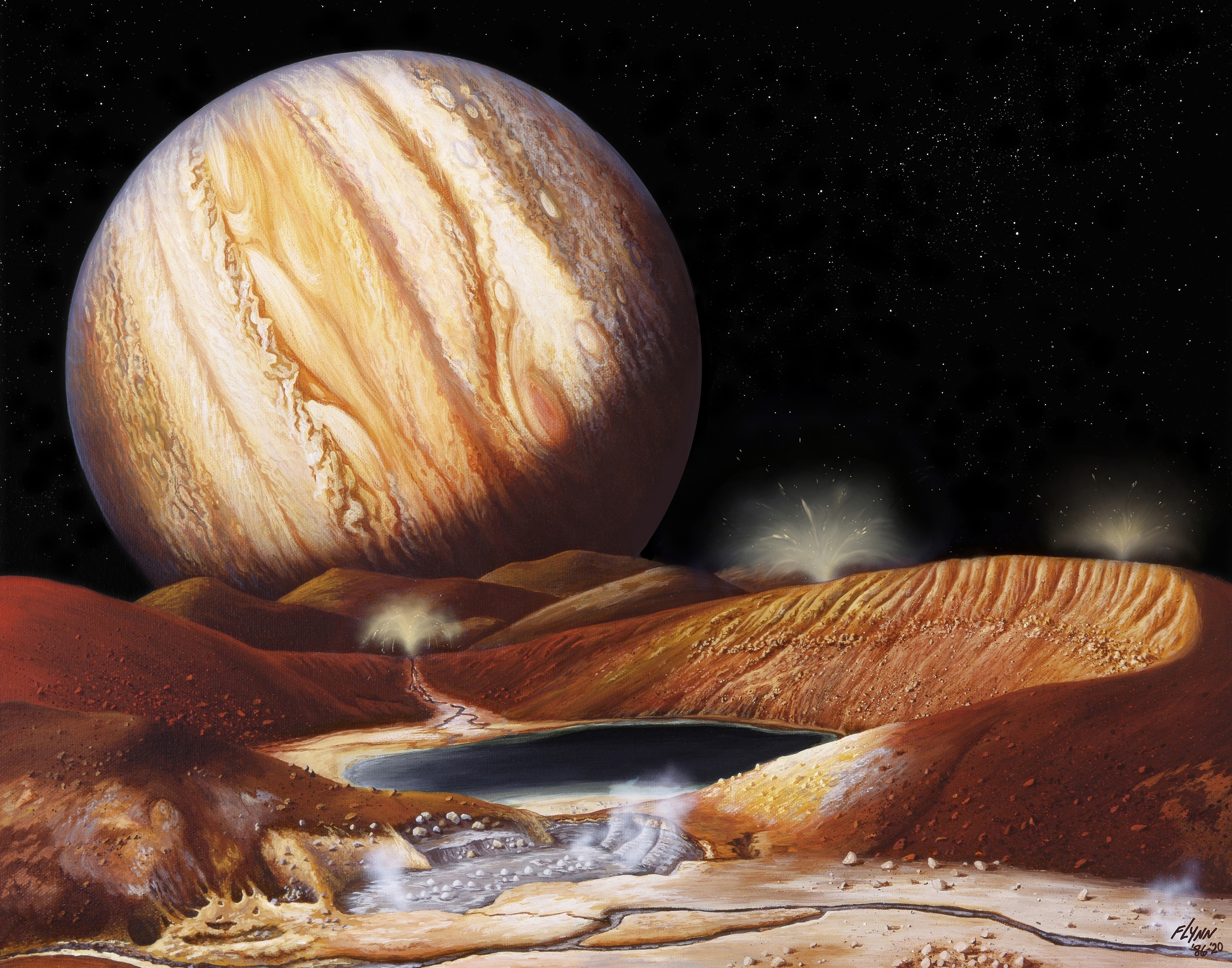 A painting of Jupiter's volcanic moon Io with erupting geysers near a molten sulphur lake and Jupiter in the sky.