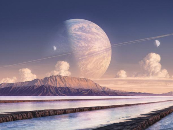 A ringed super earth visible in the sky of one of it's moons.	