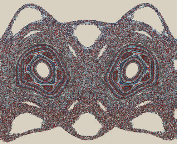 A mask-like pattern of blue, red, and gray dots on a tan background representing the evolution of orbits