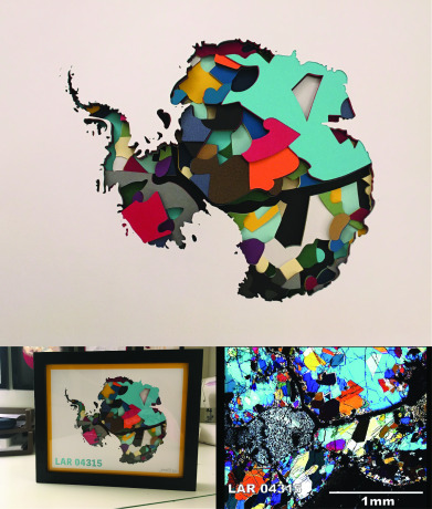 A sculpture made of stacked colored paper cut to appear as mineral grains and the outline of Antarctica as the top layer.