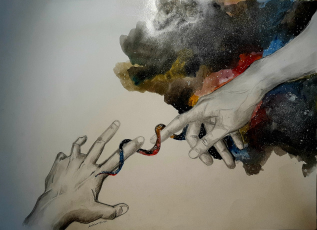 Connecting is an art piece that depicts the quest for the understanding on how planets and life began.