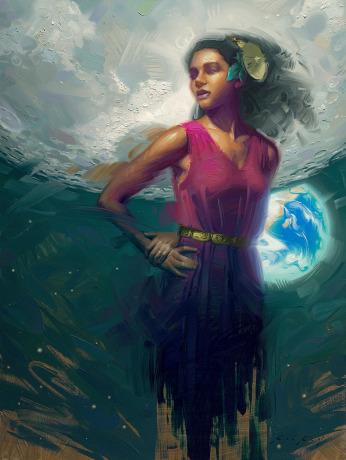 Woman looks into space while behind, Earth rises below the horizon of the moon