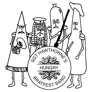 Cheesecake, corn, sausage, and beer as characters in the Sgt Hawthrone's Hungry Bratfest Band