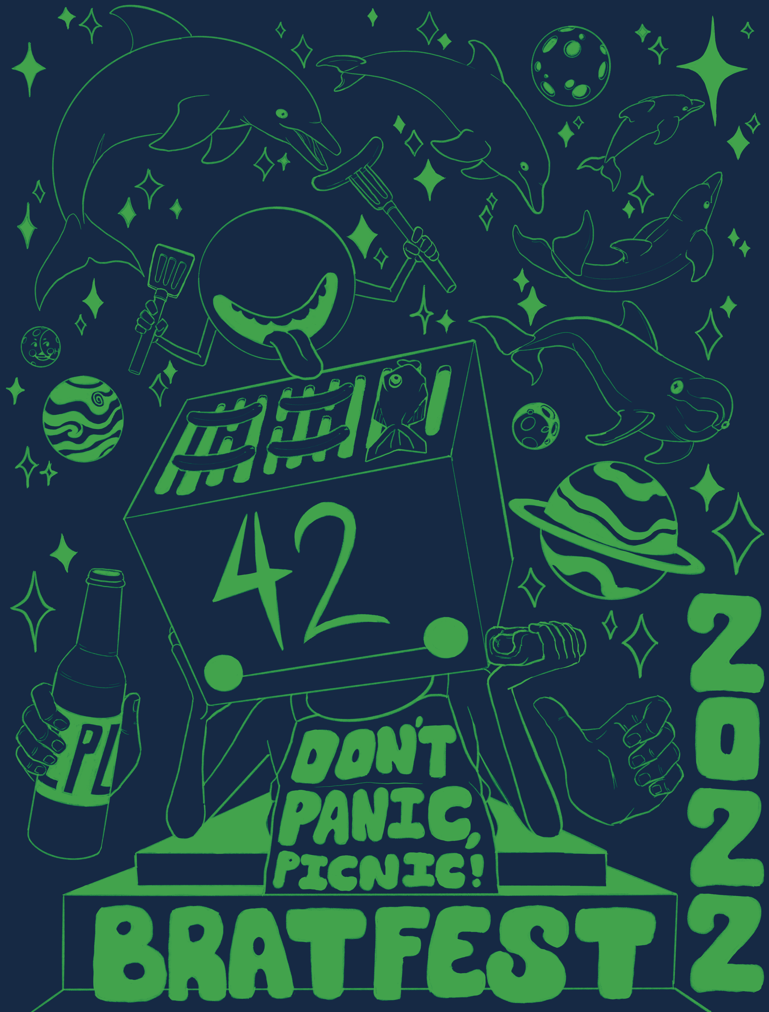 Image of dolphins, brats, and planets. A banner says "Don't panic, picnic!"