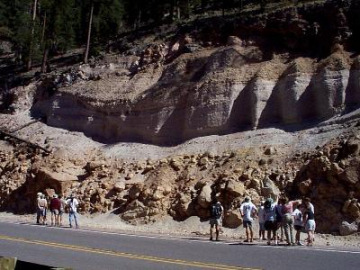 We also visited a locale where rhyolitic (Silica rich) ashflow and ashfall deposits were interbedded. The obsidian rich Banco Benito flow caps the formation.