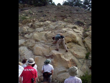 We then headed to the only place that we were going to collect K/T samples. Dave knew where it was, but we spent some time trying to find it. You can see Terry up on the rocks looking for it. However, it ended up being way up above that.