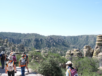 Students looking over wide valley filled with greenery and rock spires. Image by Harry Tang