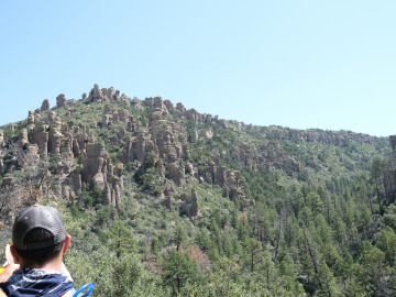 Students look at columnar geologic formations in the distance over green hills. Image by Harry Tang