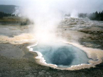 Geyser Hill is the largest concentration of geysers and pools in the world. Blue Pool, an extremely deep and hot spring. The blue comes from dissolved minerals in bacteria-free water.