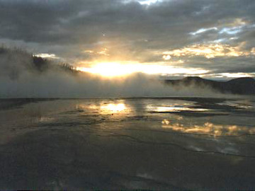 Sunset over Grand Prismatic Spring.