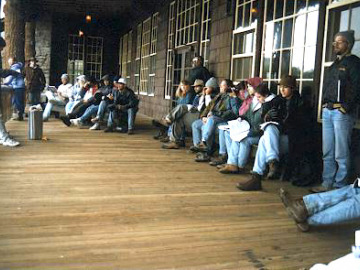 We huddled on the porch of the Old Faithful lodge to talk about the physics of geysers and some of the research that's been done on these interesting phenomena.