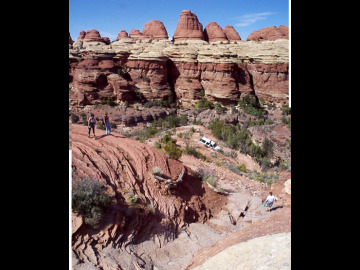 Now, once we got to the top of Elephant Hill, we had to drive across the top of it, and then down the other side. Here is a poor mosaic of a view from the top of Elephant Hill looking down at the `road' going down into the Canyonlands backcountry and a view of some of the beautiful formations.