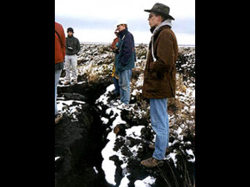 We thought the white snow against the black lava was a stunning study in contrasts. Will, Pete, Vladimir and Joe stand on the edge of a top-layer lava crack.