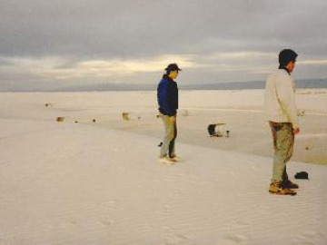 Mark and Jon look out onto the futuristic picnic tables of White Sands.