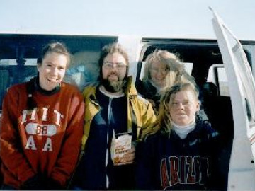 Zibi, Andy, Jen, and Barb show off their camping morning hair.