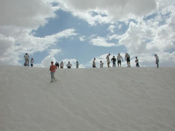We stopped at the "Heart of the Dunes" vista in the White Sands National Monument. These white dunes are very different from those we're used to seeing on fieldtrips into Mexico and California. White Sands contains small, soft particles of gypsum (hydrated calcium sulphate) instead of the large, rough quartz crystals of our usual dunes. Fred compared these dunes to martian dunes. Then we all played in the sand!	