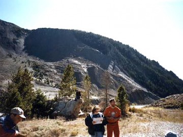 The farthest destination today was the Madison Canyon Landslide, precipitated in 1957 by the Hebgen Lake earthquake (M=6.3). The rock walls lining a river valley were shaken loose and slid down into the river and up the other side of the valley, in the process burying a campground. The landslide scar.