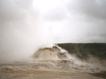 Castle Geyser has a well-developed sinter cone built up around itself. During particularly violent eruptions, it has torn pieces of its cone away, giving the top of the cone a battlement-like appearance, hence the name.