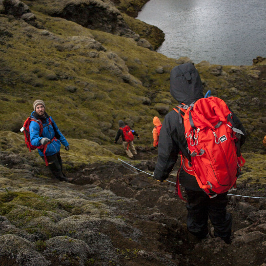 Descent downward on the Laki trail. (Andy Ryan pictured.)