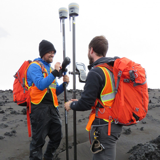 Surveying the lava flow margins and its topography requires careful placement and geolocation of ground control points (i.e., orange cones) with DGPS measurements to georefence UAV images. DGPS measurements are also used to obtain extremly accurate (sub-centimeter-scale) topographic transects to characterize surface roughness.