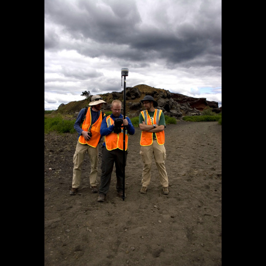 From left to right: Dr. Colin Dundas, Ethan Schaefer, and Dr. Stephen Scheidt work together to initialize the GPS.