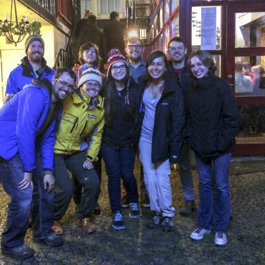 Some of Team Iceland on their last night in Reykjavik. Participants from left to right: Ethan Schaefer, Andy Ryan, Erika Rader, Sarah Sutton, Selena Valencia, Corbin Kling, Dani Moyer, Dr. Christian Klimczak, and Amber Keske. 