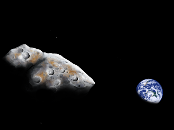 Artist impression of a close flyby of the metal-rich near-Earth asteroid 1986 DA. 