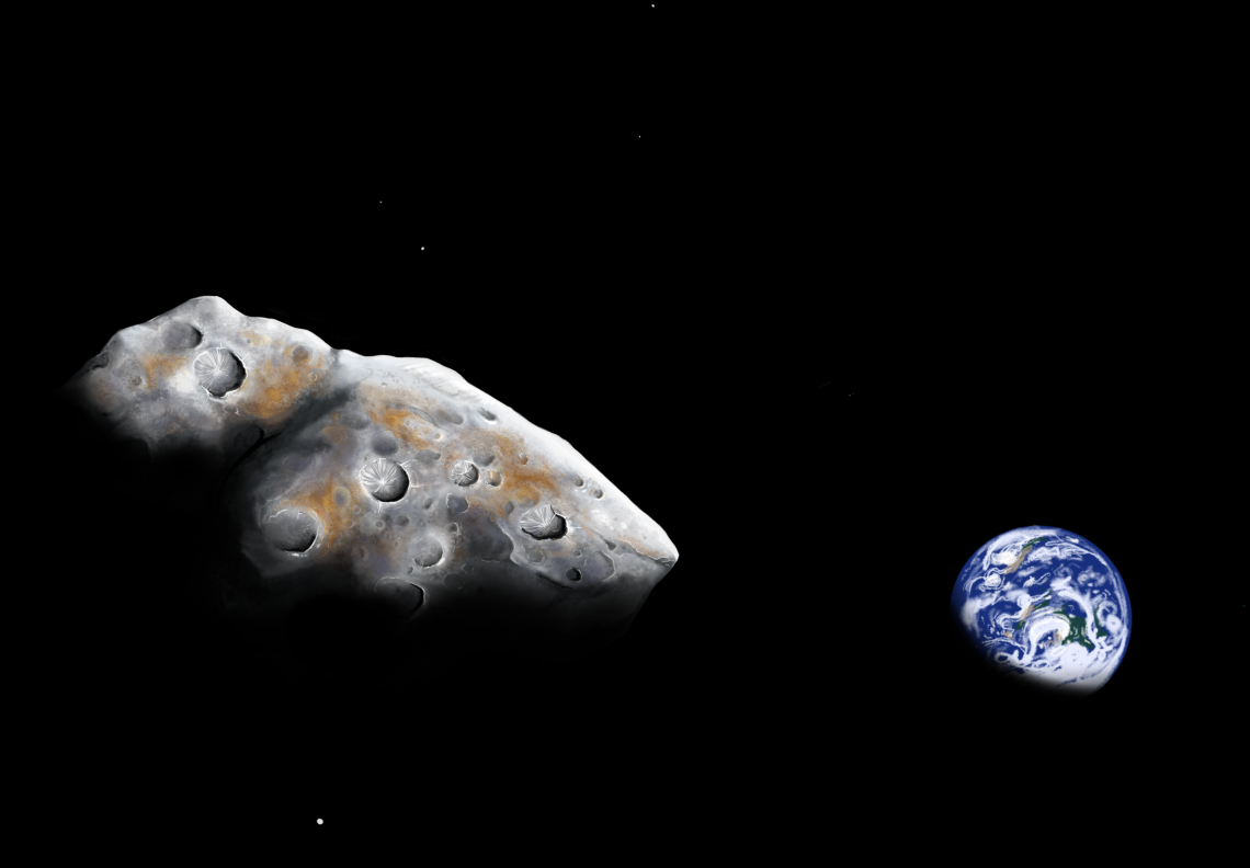 Artist impression of a close flyby of the metal-rich near-Earth asteroid 1986 DA. 