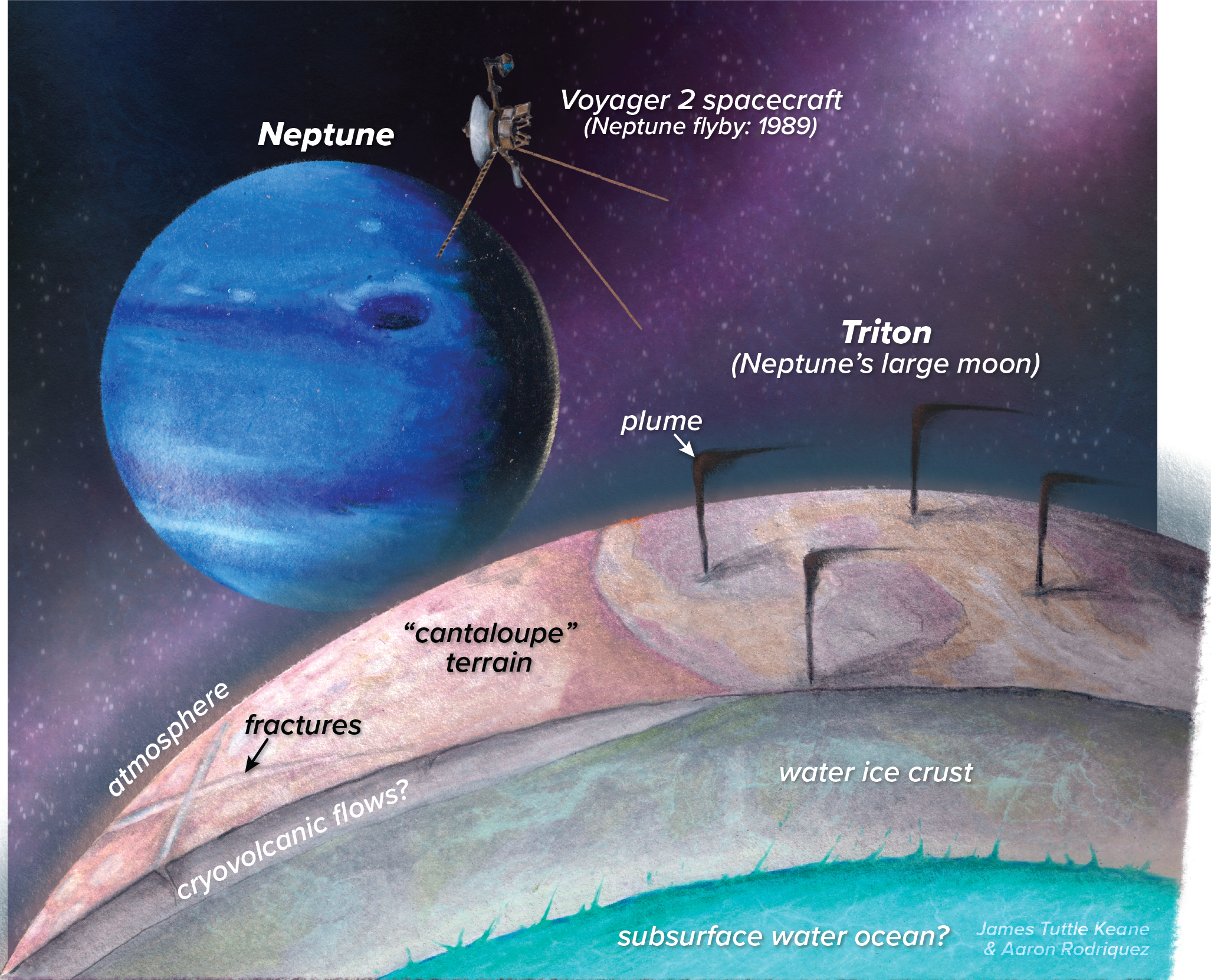 The largest of Neptune's 14 known moons, Titan has a criss crossing surface terrain that is thought to overlie a thick crust of water ice and a subsurface ocean.