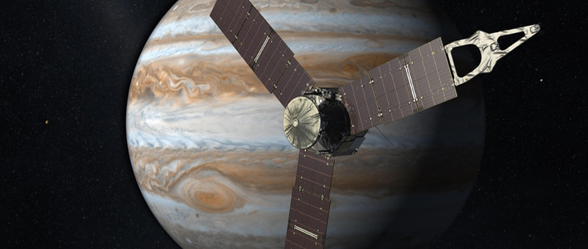 With its suite of science instruments, Juno will investigate the existence of a solid planetary core, map Jupiter's intense magnetic field, measure the amount of water and ammonia in the deep atmosphere, and observe the planet's auroras. Juno's principal goal is to understand the origin and evolution of Jupiter. (Artist's concept: NASA/JPL)