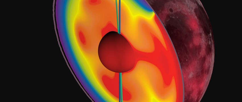 A vast hotspot of intense volcanism underneath the dark, blotchy “face” of the moon known as Oceanis Procellarum (red area on right) resulted in less density there than in other parts of the moon. To restore balance, the moon’s axis shifted by six degrees. Traces of water ice deposits near the poles outline the movement from the location of the ancient (blue) to the present pole (teal). (Image by James Keane)