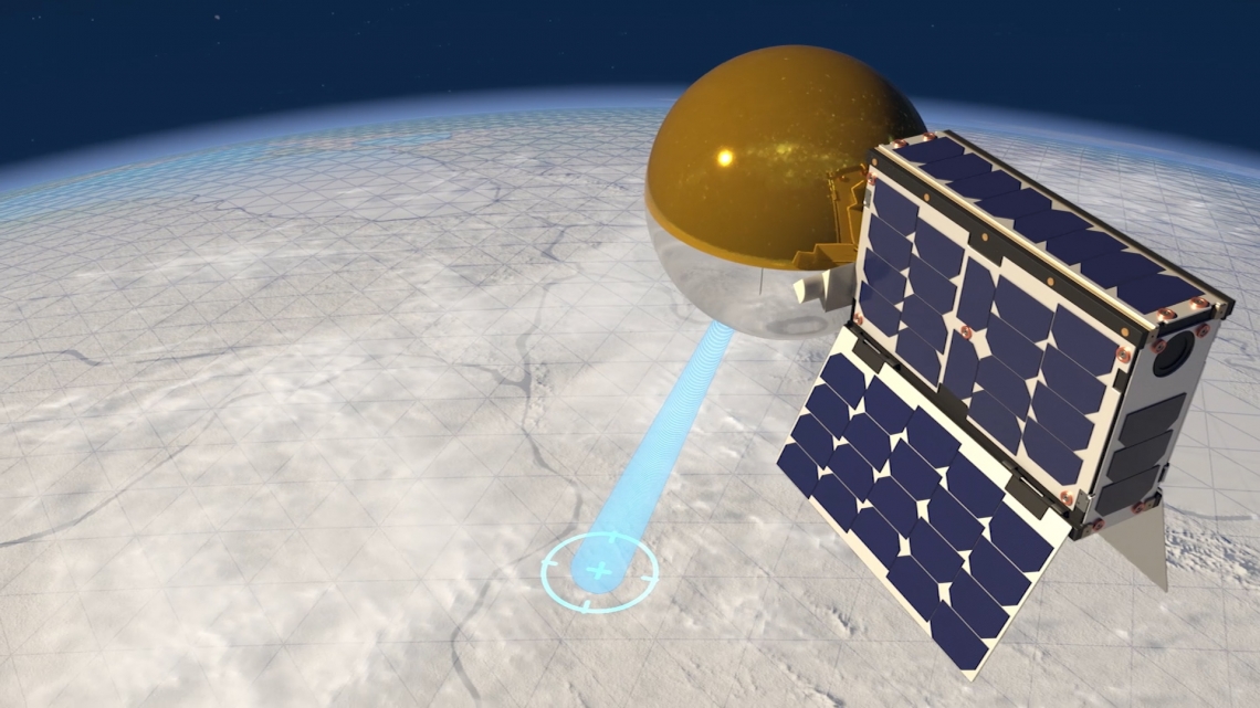 Artist's impression of CatSat with its antenna inflated in orbit around Earth.