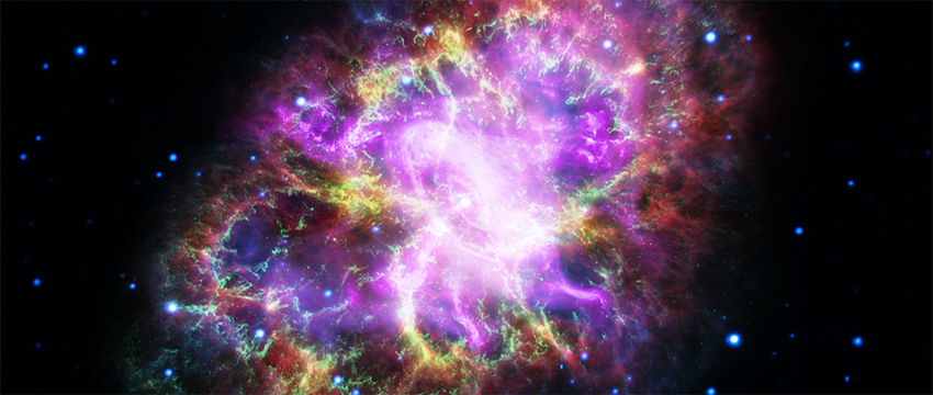 This composite image of the Crab Nebula was assembled with arbitrary color scaling by combining data from five telescopes spanning nearly the entire electromagnetic spectrum. (Image credits: NASA, ESA, NRAO/AUI/NSF and G. Dubner/University of Buenos Aires)