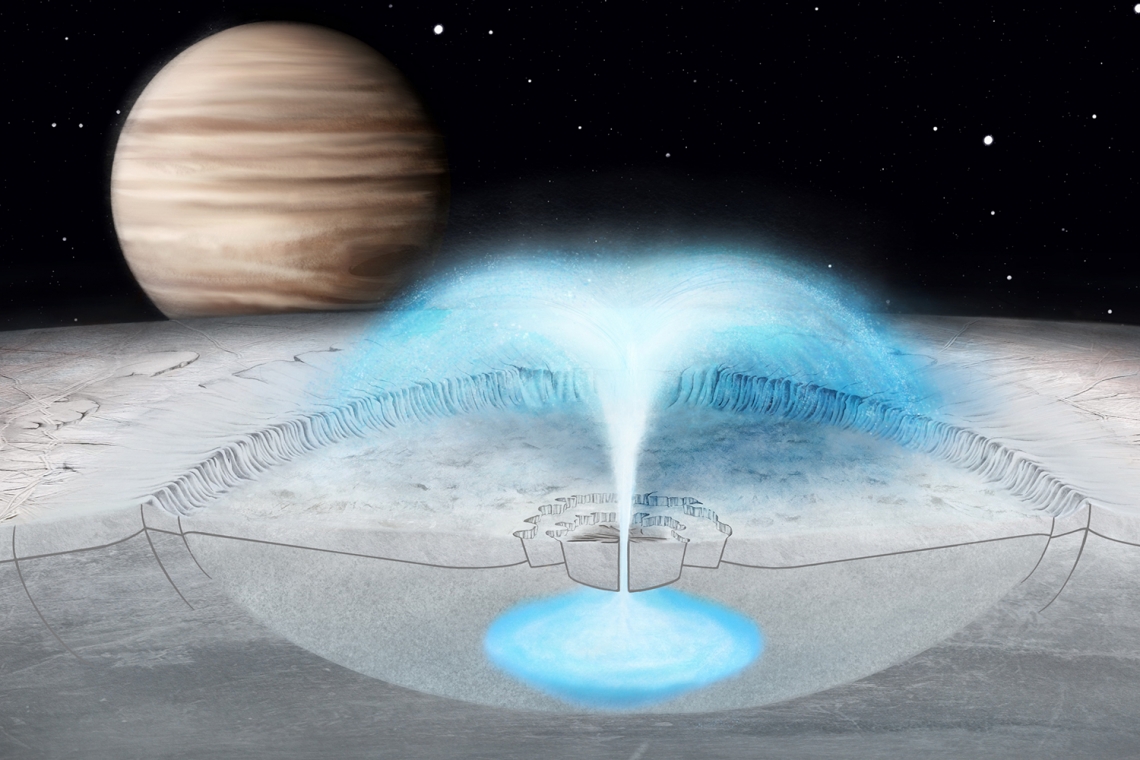This artist’s conception of Jupiter’s icy moon Europa shows a hypothesized cryovolcanic eruption, in which briny water from within the icy shell blasts into space. A new model of this process on Europa may also explain plumes on other icy bodies. Justice Blaine Wainwright