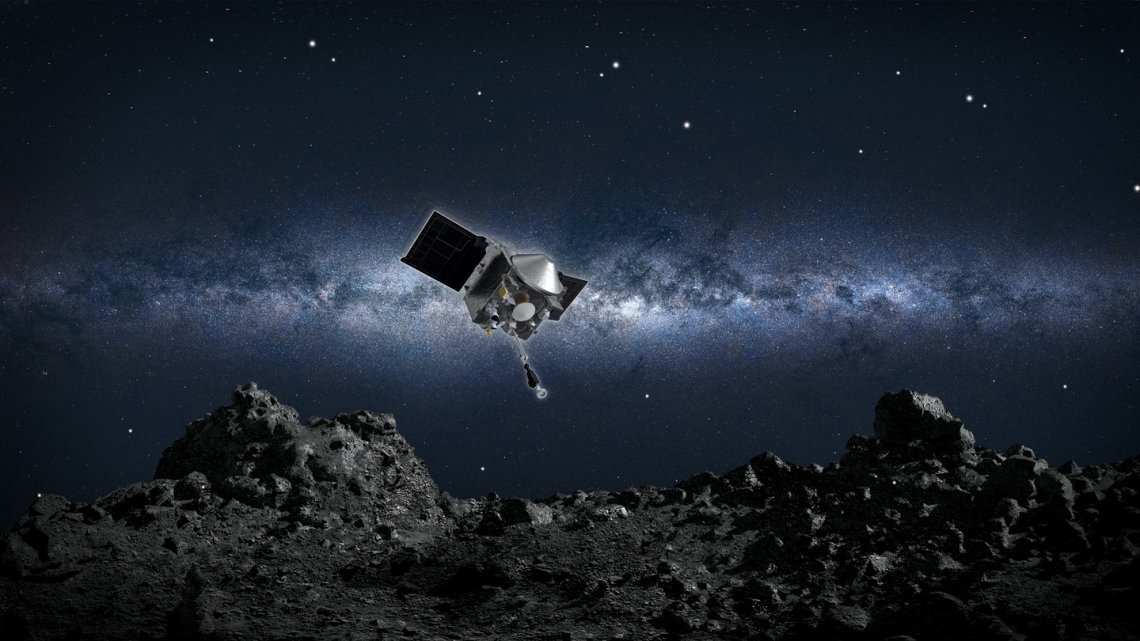 Artist’s conception of NASA's OSIRIS-REx spacecraft collecting a sample from the asteroid Bennu. NASA/Goddard/University of Arizona