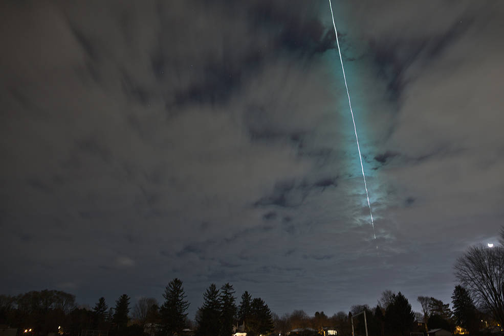 Time-lapse photograph by Robert Weryk his home in London, Ontario, Canada of fireball streaking directly overhead and continued east until it broke up.